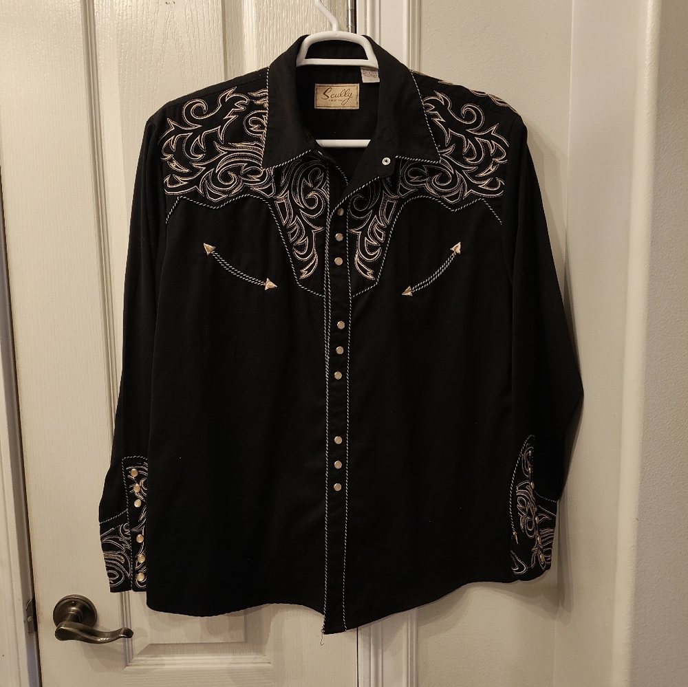 Scully Men's Black Embroidered Western Shirt EUC Size XL